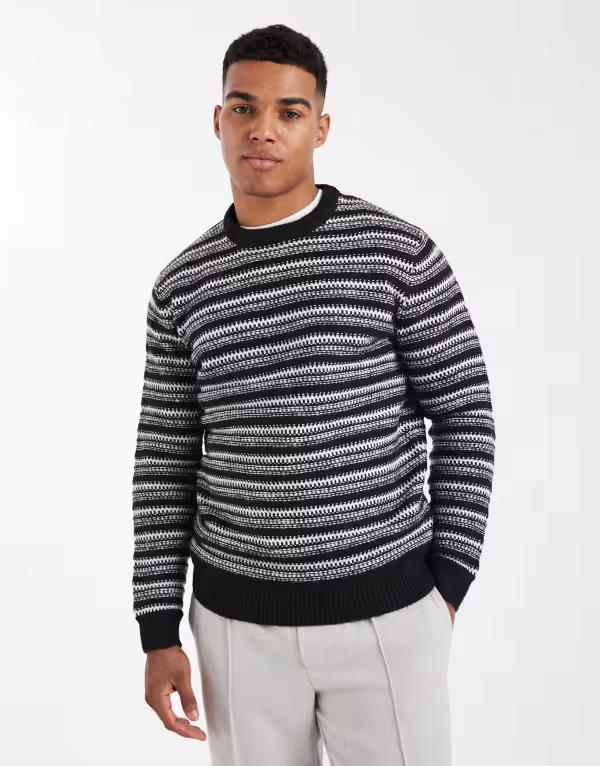 オンリーアンドサンズ メンズ アウター ニット・セーター レギュラーフィット セーター ニット ONLY & SONS regular fit long sleeve open knit sweater gray and white stripes Black ブラック