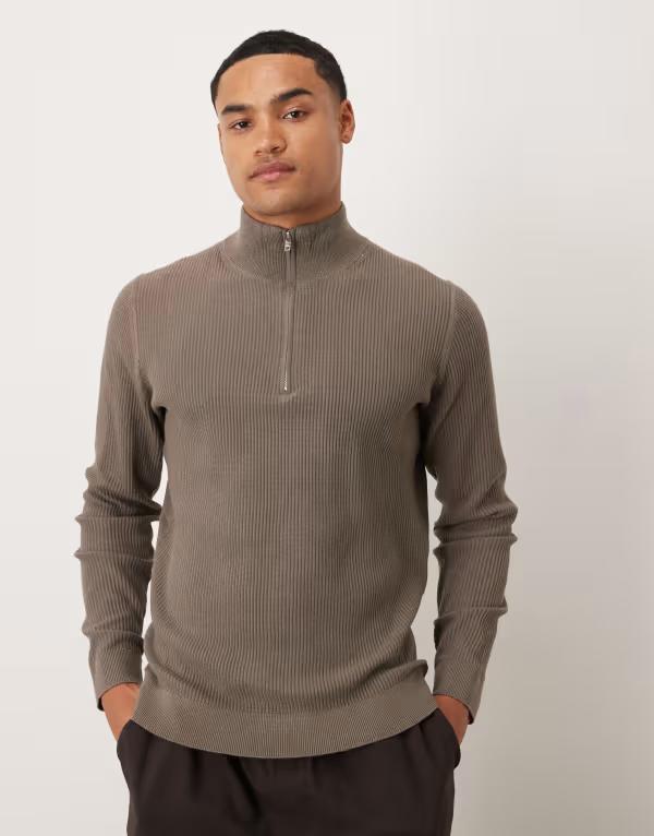 マンゴ メンズ アウター ニット・セーター ハーフジップ リブ セーター コットン Mango cotton mix ribbed quarter zip sweater in mushroom Mushroom ブラウン