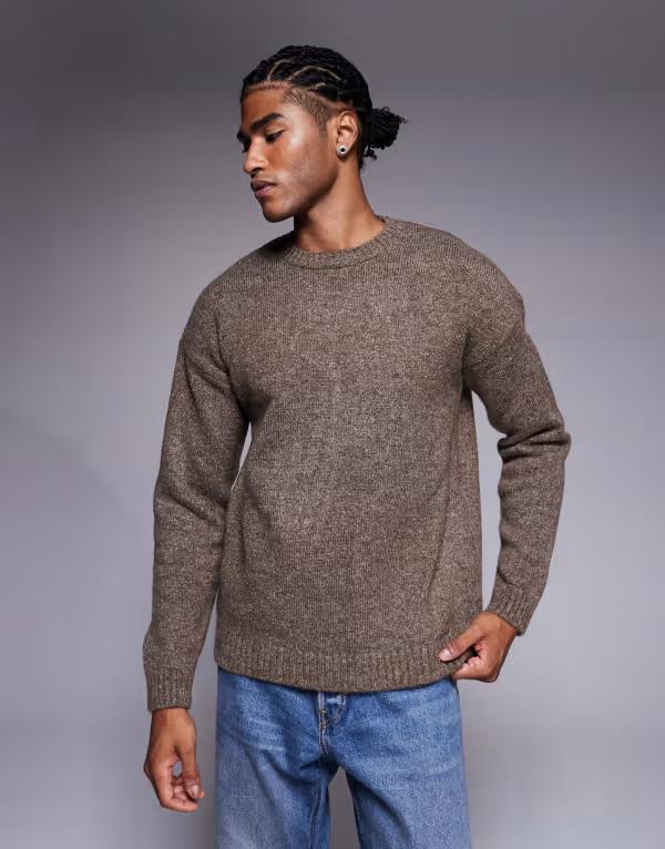 エイソス メンズ アウター ニット・セーター クルーネック セーター ニット ASOS DESIGN relaxed knit crew neck sweater in heathered BROWN ブラウン