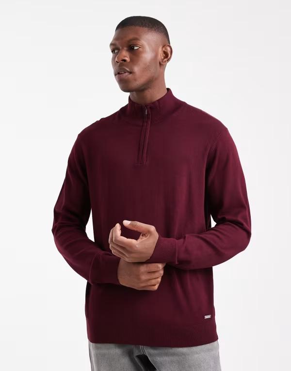 スリードベア メンズ アウター ニット・セーター セーター ニット Threadbare 1/4 zip knit sweater Burgundy バーガンディ｜ReVida 店