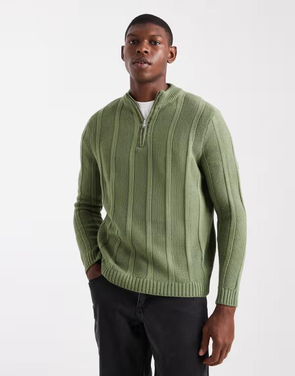 エイソス メンズ アウター ニット・セーター モックネック ハーフジップ セーター ニット ASOS DESIGN knit half zip mock neck sweater-green stripes Khaki カーキ