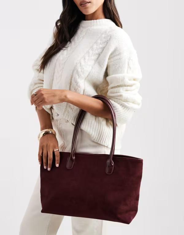 グラマラス レディース 御徒面子 ショルダーバッグ スエードクロス Glamorous large faux suede shoulder bag with PU straps Burgundy バーガンディ