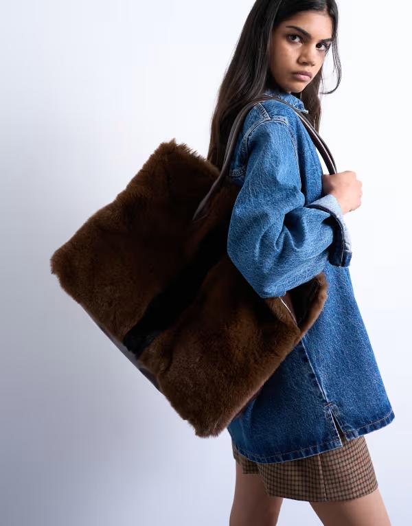 トップショップ レディース バッグ トートバッグ Topshop Teven faux fur tote bag BROWN ブラウン