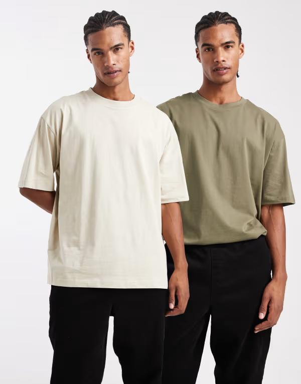 エイソス メンズ トップス ティーシャツ ASOS DESIGN essentials 2 pack oversized T-shirts インチ stone and Stone/khaki カーキ トップス-メンズファッション