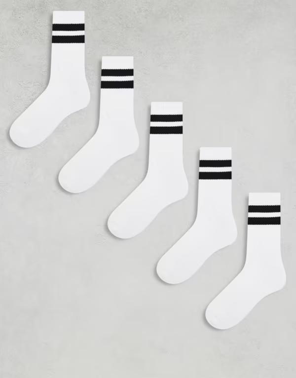 エイソス メンズ アンダーウェア 靴下 ASOS DESIGN 5 pack sport socks with black stripe WHITE ホワイト