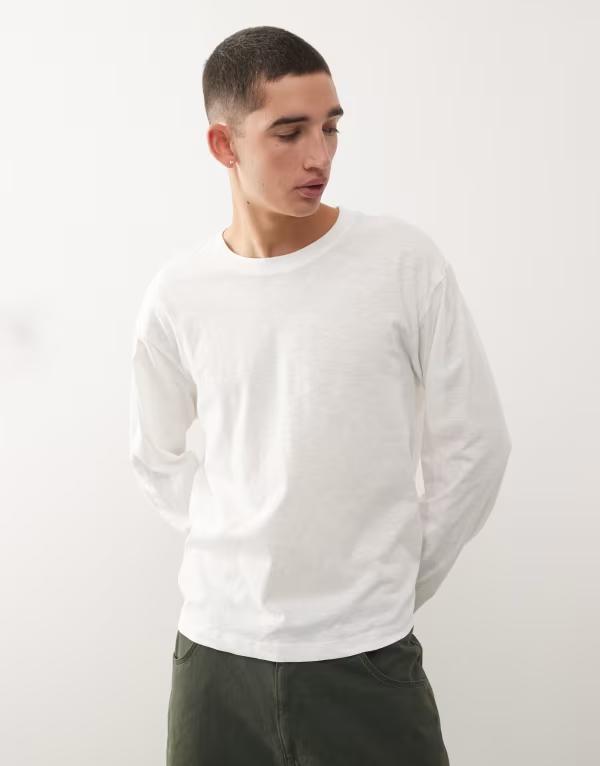 コルージョン メンズ トップス Tシャツ コットン COLLUSION lightweight long sleeve slubby cotton t-shirt WHITE ホワイト