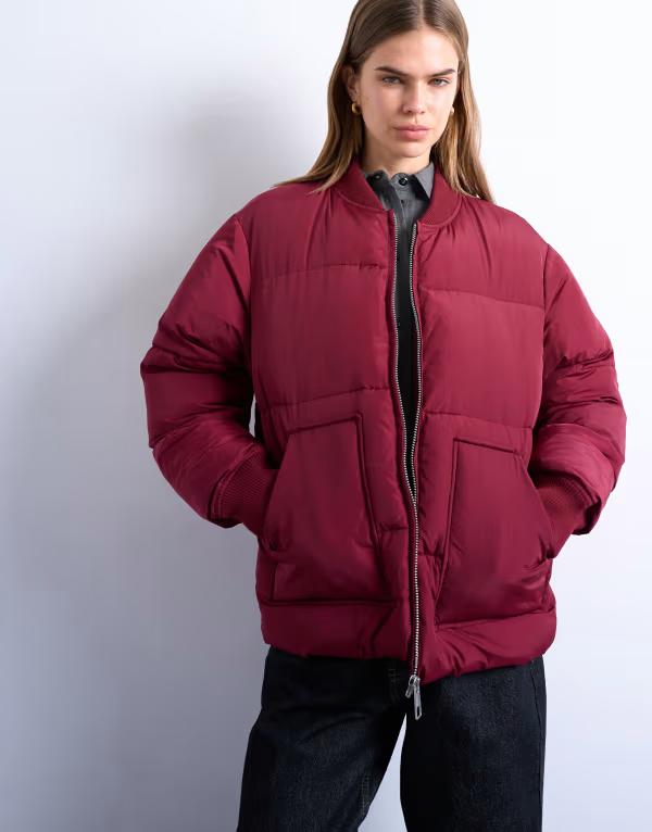 トップショップ レディース アウター ジャケット・ブルゾン リブ ジャケット Topshop clean ribbed collar puffer jacket burgundy バーガンディ｜ReVida 店 12,305円