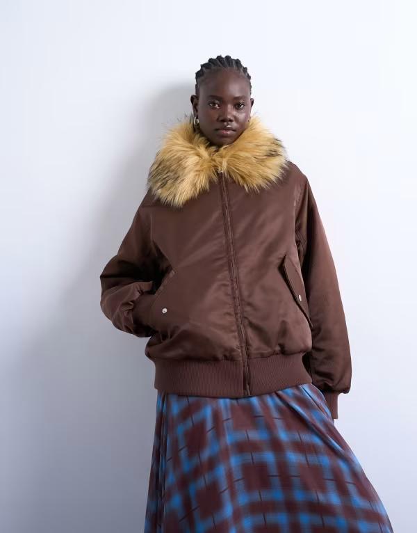 とっ始め販売店 レディース アウター 上衣・上衣 ナイロン 上衣 Topshop nylon bomber jacket with faux fur collar インチ chocolate chocolate 黒茶