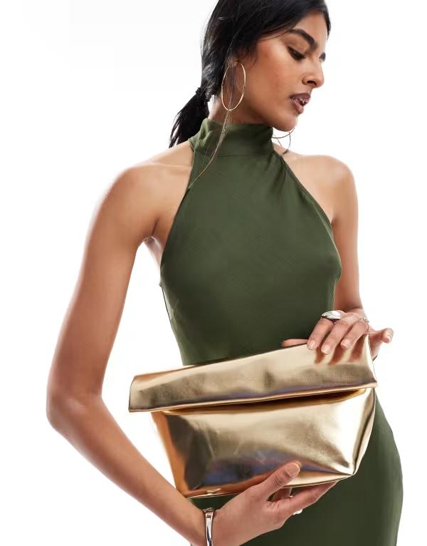 エイソス レディース バッグ クラッチバッグ ASOS DESIGN roll top clutch bag GOLD ゴールド