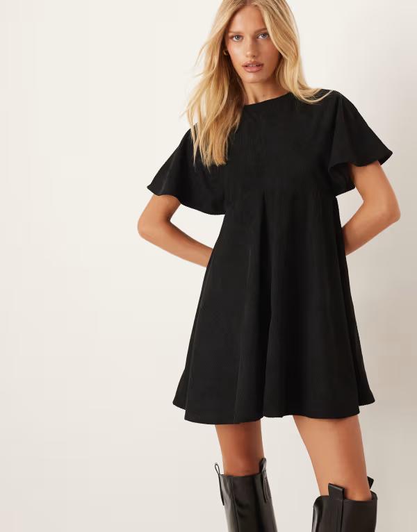 エイソス レディース トップス ワンピース ミニワンピース ミニ Tシャツ ASOS DESIGN cord t-shirt mini dress with stitching detail Black ブラック