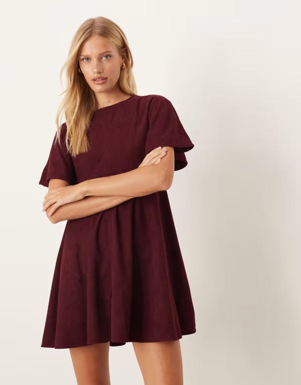 エイソス レディース トップス ワンピース ミニワンピース ミニ Tシャツ ASOS DESIGN cord T-shirt mini dress with stitching detail in plum Plum プラム