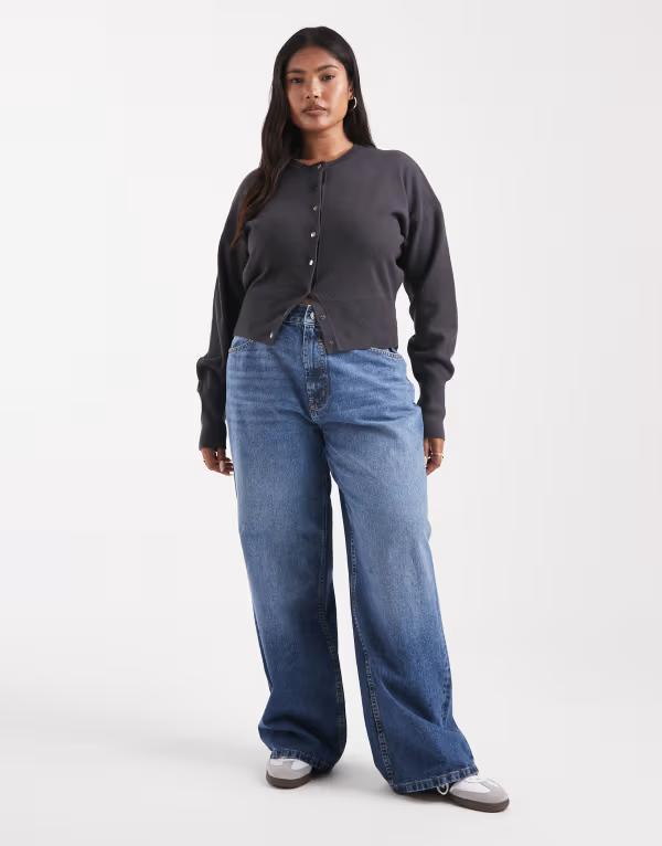 エイソス レディース ボトムス デニムパンツ ワイドレッグ ジーンズ ASOS Curve ASOS DESIGN Curve wide leg dad jeans in mid MID BLUE ブルー