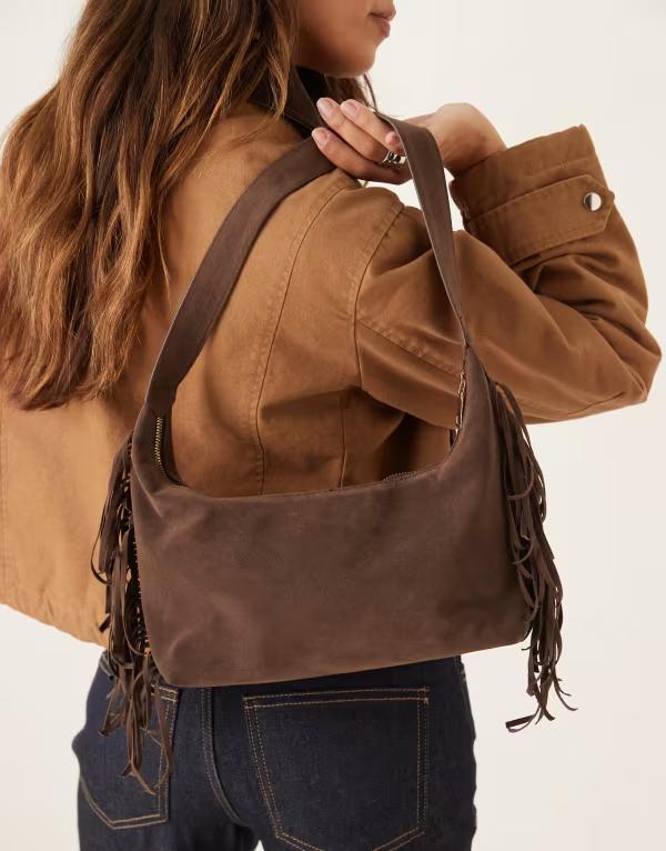 マイアクセサリーズ レディース バッグ ショルダーバッグ スエード フリンジ My Accessories faux suede shoulder bag with fringe BROWN ブラウン