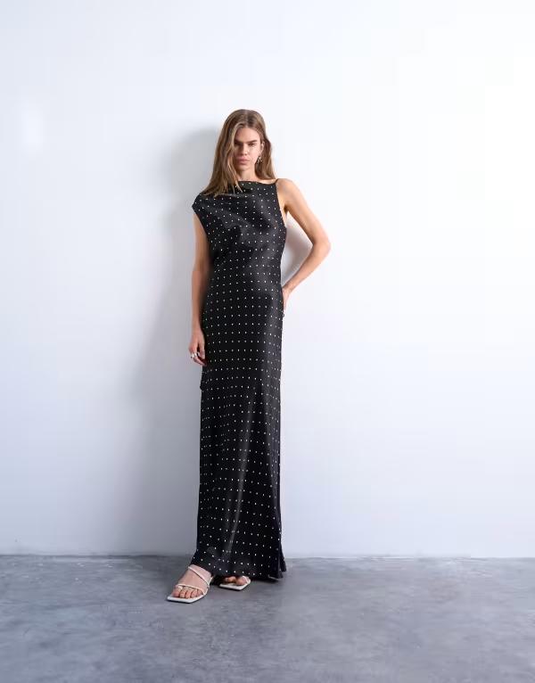 トップショップ レディース トップス ワンピース ドット柄 ミディワンピース ドレープ ドット ギャザー ミディ Topshop ruched side midi dress with drape back detail polka dot Black Polka Dot ブラック