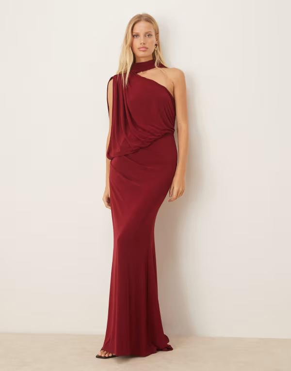 エイソス レディース トップス ワンピース ケープデザイン マキシワンピース ドレープ キャップ ケープ マキシ ASOS DESIGN one shoulder drape maxi dress with cape detail in wine Wine ワイン