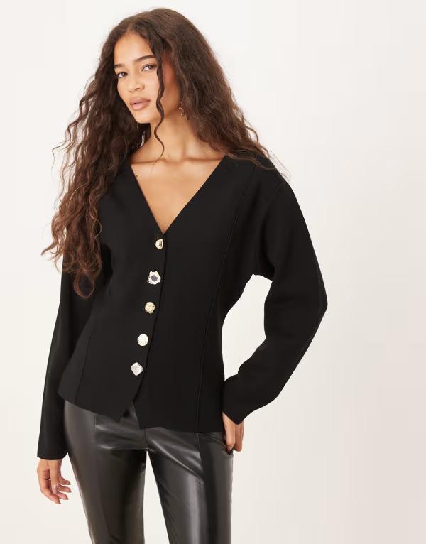 マンゴ レディース アウター 上衣・上衣 編み物 上衣 Mango compact knit jacket with statement buttons Black 黒いこと
