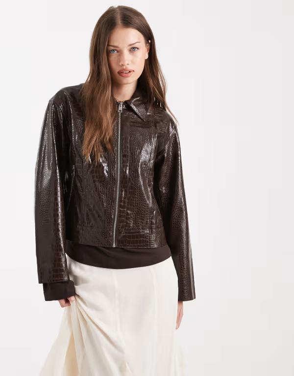 オブジェクト レディース アウター ジャケット・ブルゾン クロップド ジャケット Object premium faux croc cropped jacket in chocolate Seal brown ブラウン｜ReVida 店 13,306円