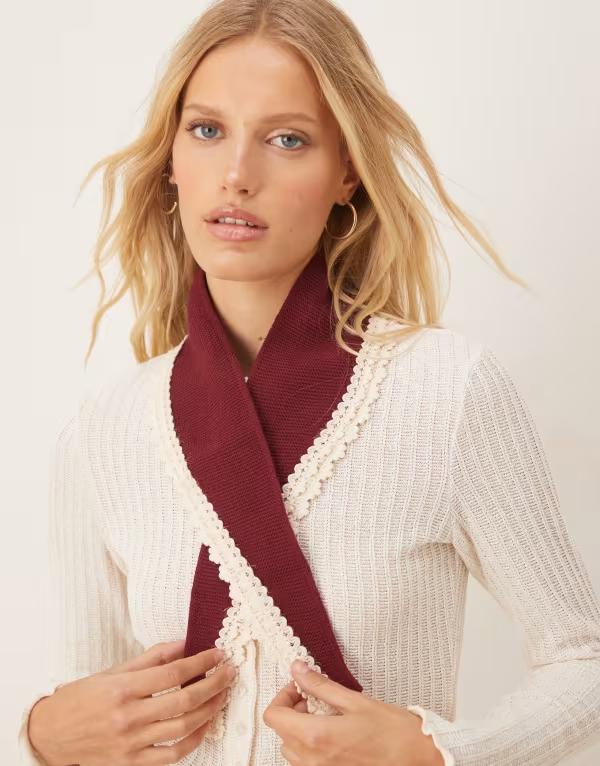 エイソス レディース アクセサリー マフラー・ストール・スカーフ レース ニット ASOS DESIGN knit lace crochet edge neckerchief Burgundy バーガンディ