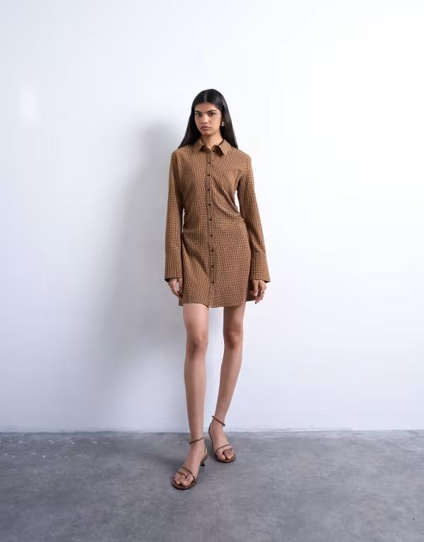 トップショップ レディース トップス ワンピース シャツワンピース ギャザー ミニ シャツ Topshop ruched side shirt dress in mini brown check BROWN ブラウン|ReVida 店