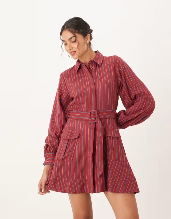 エイソス レディース トップス ワンピース シャツワンピース ミニ シャツ ASOS DESIGN mini shirt dress with belt in deep berry stripe Berry stripe ストライプ 6,986円