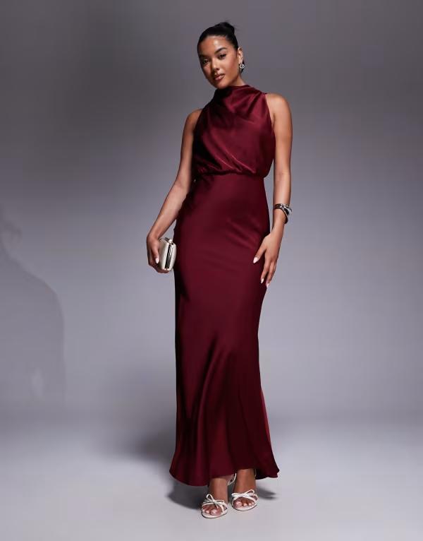 ジャーロ レディース トップス ワンピース ハイネック マキシワンピース サテン マキシ Jarlo high neck satin maxi dress Burgundy バーガンディ