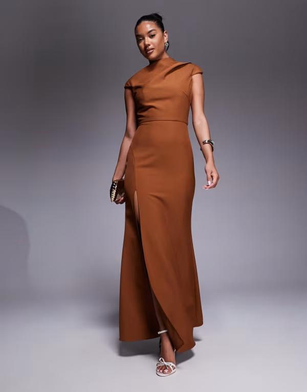 ジャーロ レディース トップス ワンピース ハイネック マキシワンピース マキシ Jarlo high neck maxi dress with thigh slit in chocolate Chocolate チョコレート