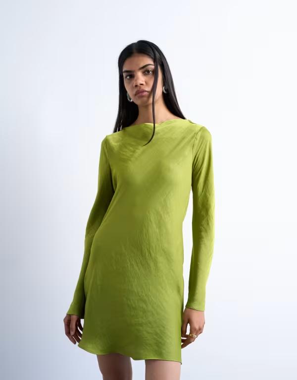 トップショップ レディース トップス ワンピース ミニ サテン Topshop cowl back long sleeve mini satin Green グリーン｜ReVida 店
