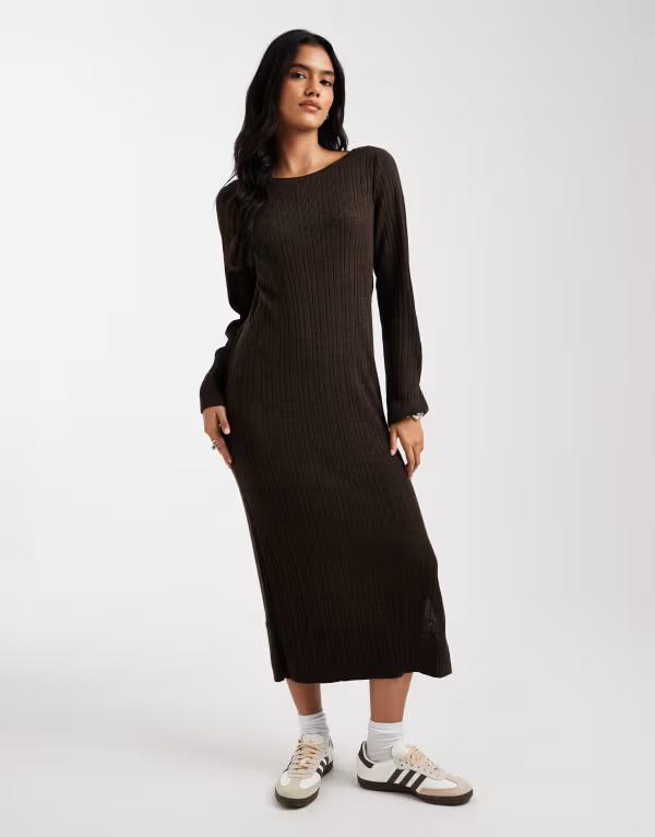 オンリー レディース トップス ワンピース ミディワンピース ミディ ニット ONLY knit midi dress in chocolate BROWN ブラウン