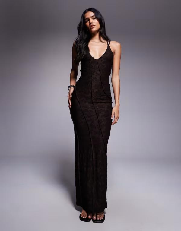 エイソス レディース トップス ワンピース ミディワンピース ミディ ノースリーブ ASOS DESIGN scoop neck sleeveless textured midi dress Brown ブラウン