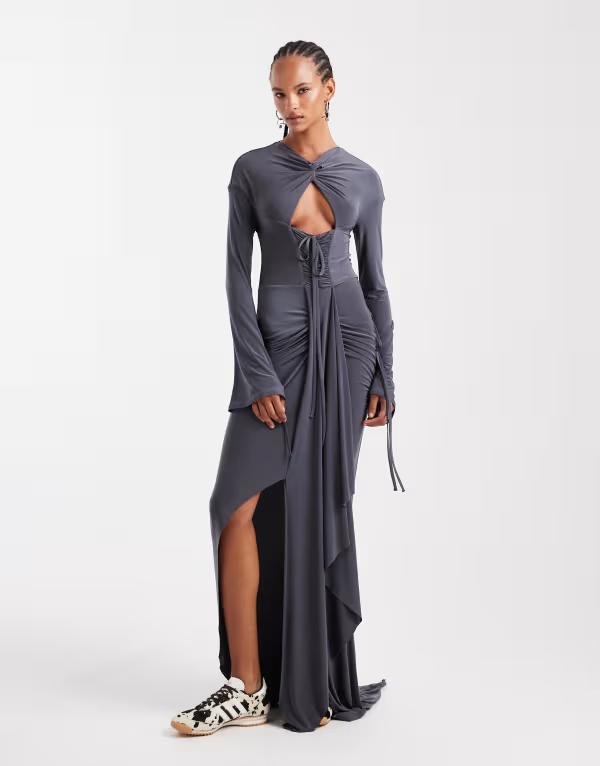 エイソス レディース トップス ワンピース カットアウト マキシワンピース マキシ ASOS DESIGN cut out front maxi dress with gauging and mock channel details Gray グレー