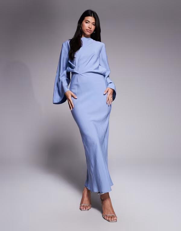 エイソス レディース トップス ワンピース マキシワンピース マキシ ASOS DESIGN long sleeve tucked waist bias maxi dress Blue ブルー