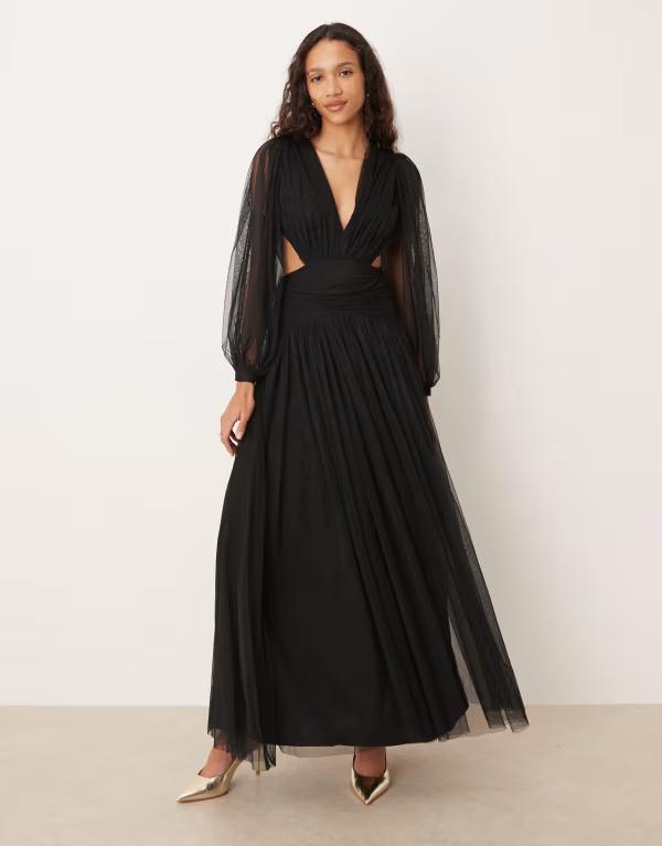 スピード競技 アンド ビーズ レディース トップス 衣装 チュール マキシ衣装 マキシ Lace \u0026 Beads plunge neck dropped hem tulle maxi dress Black 黒いこと