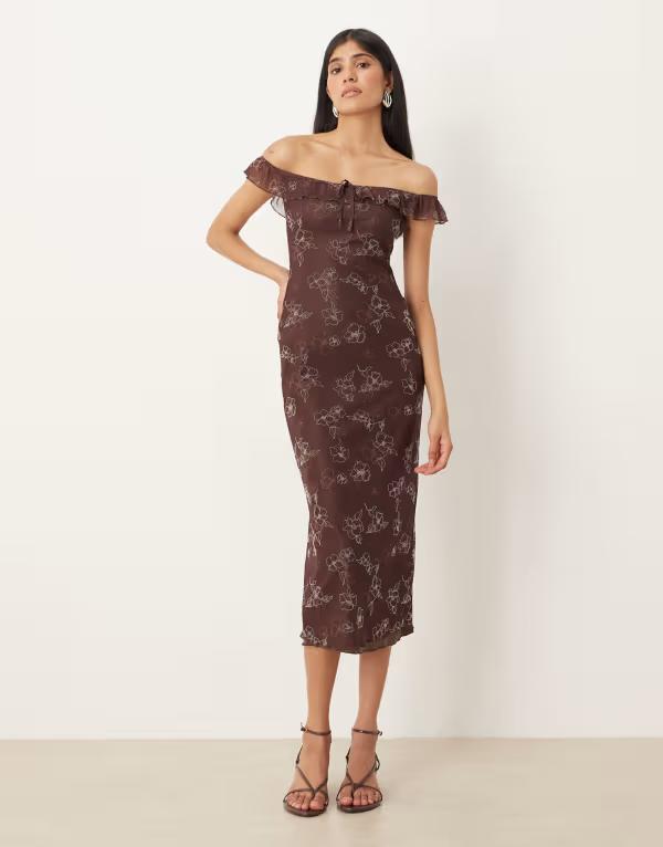 モーテル レディース トップス ワンピース フラワー柄 フラワー Motel Catrin off shoulder midaxi floral dress BROWN ブラウン