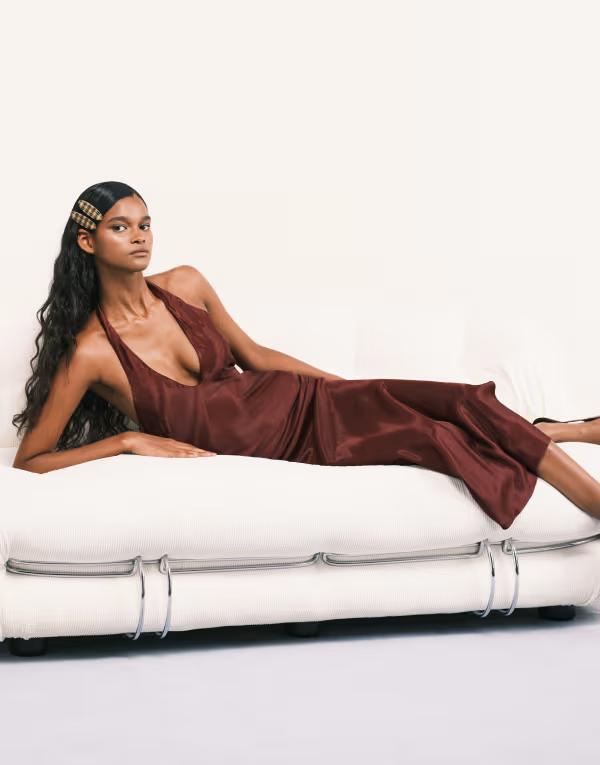 エイソス レディース トップス ワンピース マキシワンピース サテン マキシ ホルター ASOS DESIGN satin halter bias cut maxi dress in plum Plum プラム
