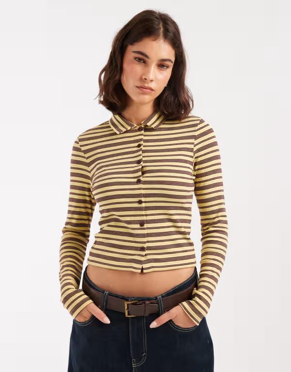 ミスセルフフリッジ レディース トップス シャツ Miss Selfridge long sleeve fitted button through shirt in buttermilk stripe STRIPE ストライプ|ReVida 店