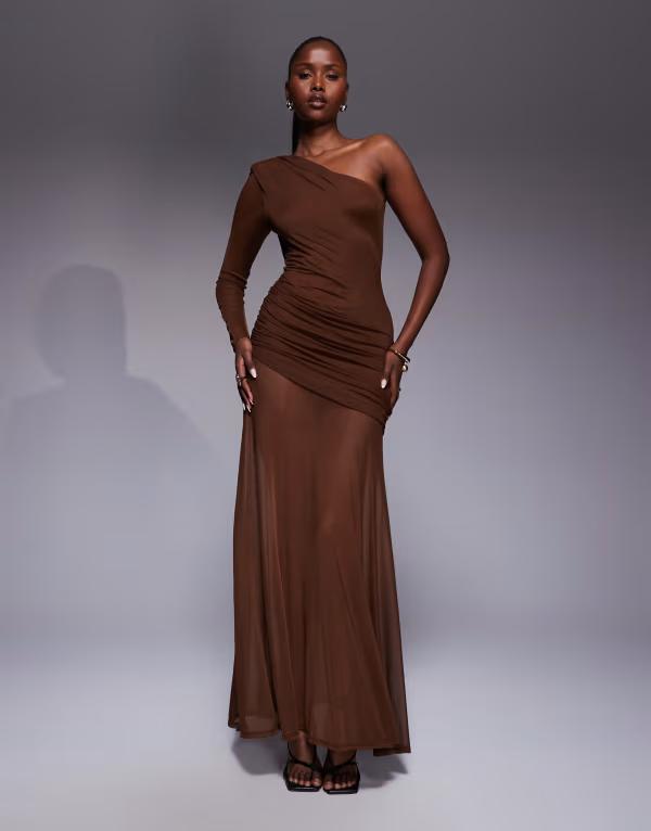エイソス レディース トップス ワンピース マキシワンピース メッシュ スカート マキシ ASOS DESIGN mesh one sleeve gauged detail maxi dress with full skirt Brown ブラウン