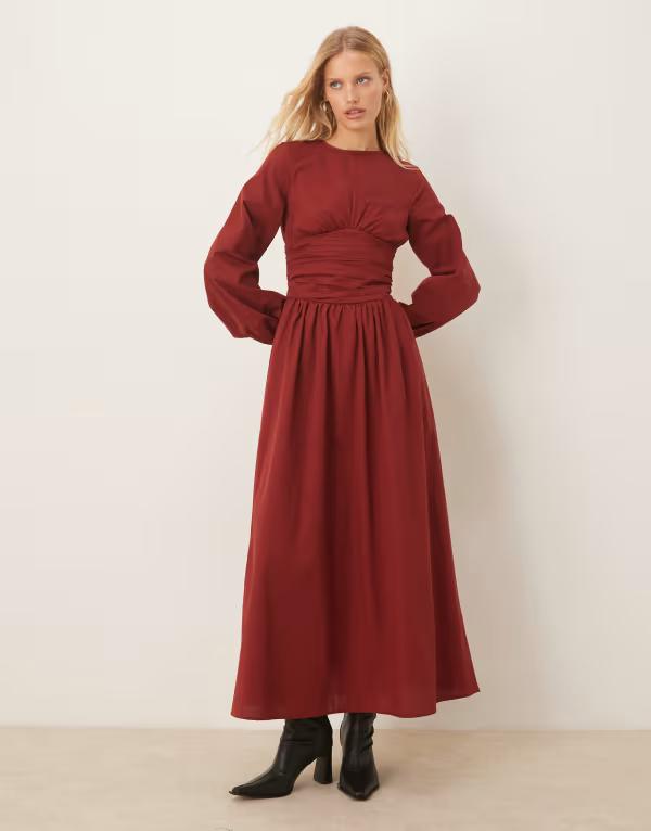 エイソス レディース トップス ワンピース クルーネック マキシワンピース ギャザー マキシ ASOS DESIGN poplin crew neck maxi dress with ruched waist and volume sleeves Burgundy バーガンディ