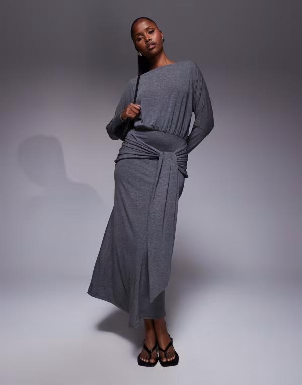エイソス レディース トップス ワンピース マキシワンピース マキシ ASOS DESIGN long sleeve slash neck tie blouson front maxi dress in charcoal CHARCOAL チャコール