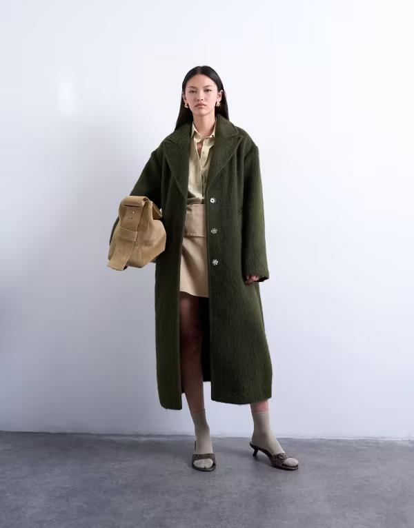 とっ始め販売店 レディース アウター 厚地の外套 羊毛 Topshop brushed unlined dropped shoulder clean throw-on coat with wool khaki カーキ