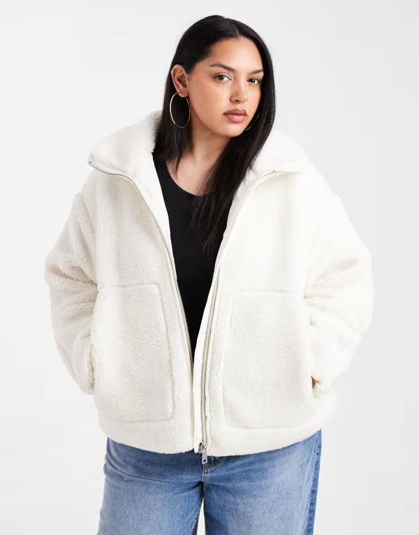 オンリー曲線状の形 レディース アウター 上衣・上衣 上衣 ONLY Curve teddy borg jacket WHITE 白いこと