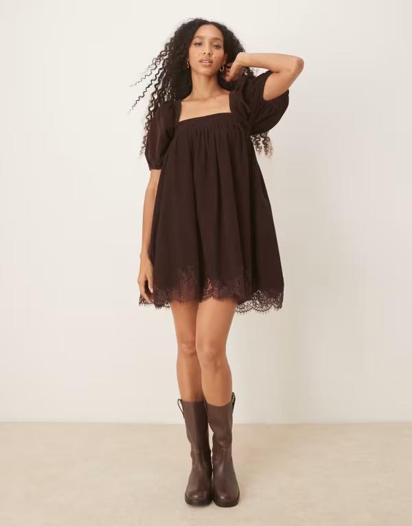 エイソス レディース トップス 衣装 スピード競技刈り込み ミニ スピード競技 ASOS DESIGN cord square neck babydoll mini with puff sleeves and lace trim インチ chocolate Chocolate 黒茶