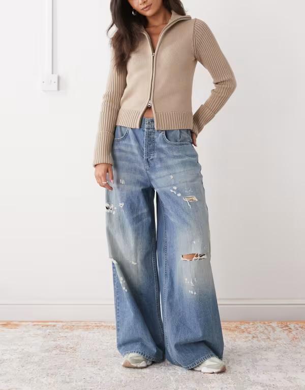 コルージョン レディース ボトムス デニムパンツ ローライズ ジーンズ COLLUSION XL baggy adjustable low rise jeans in worn wash Bleach wash|ReVida 店