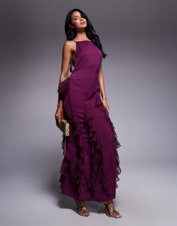 エイソス レディース トップス ワンピース シフォン ハイネック マキシワンピース フリル サテン マキシ  DESIGN high neck satin low back maxi dress with chiffon mix ruffles in plum Plum プラム