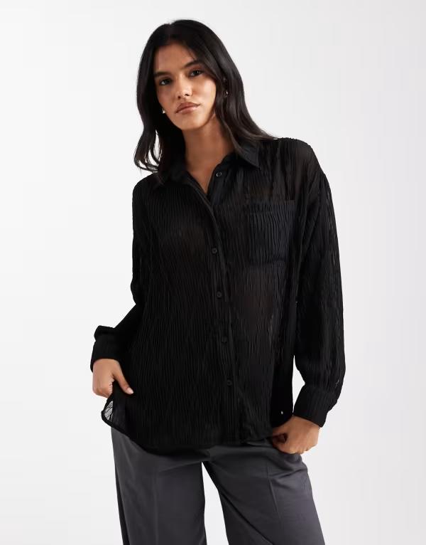 エイソス レディース トップス シャツ シアー ASOS DESIGN sheer crinkle detail shirt Black ブラック