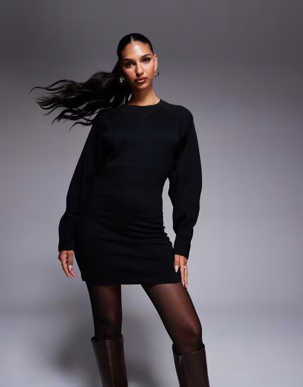 エイソス レディース トップス ワンピース ミニ スウェット シャツ ASOS DESIGN cocoon sleeve seam detail mini sweatshirt dress Black ブラック 10,380円