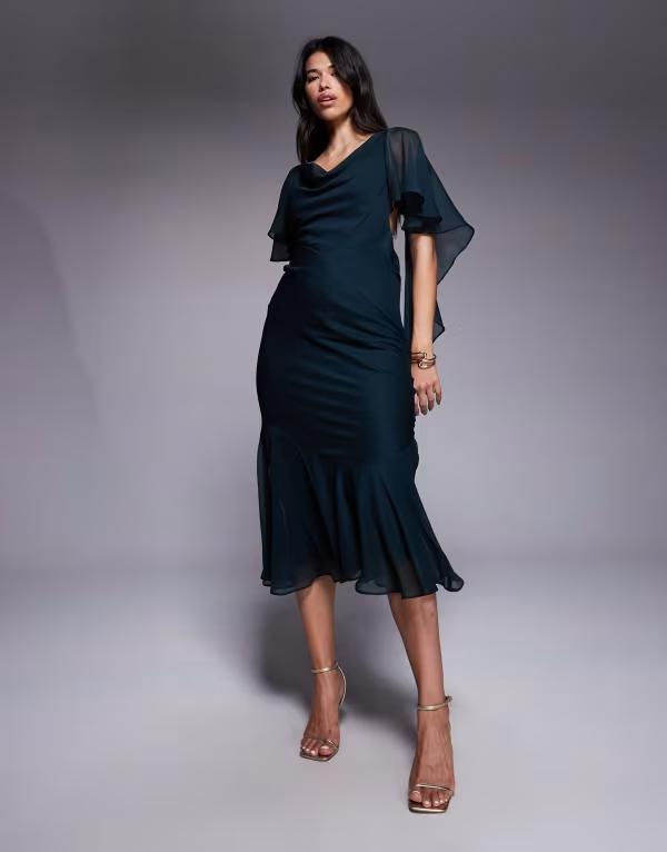 エイソス レディース トップス ワンピース フリル裾 マキシワンピース フリル マキシ ASOS DESIGN cowl neck ruffle hem maxi dress in dark DARK GREEN グリーン
