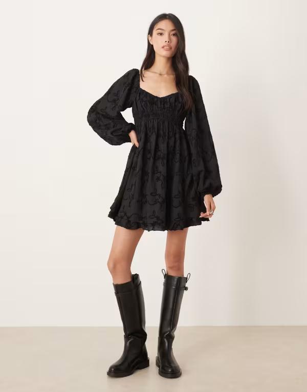 キスザスカイ レディース トップス 衣装 Kiss The Sky bonet long sleeve jacquard babydoll dress Black 黒いこと