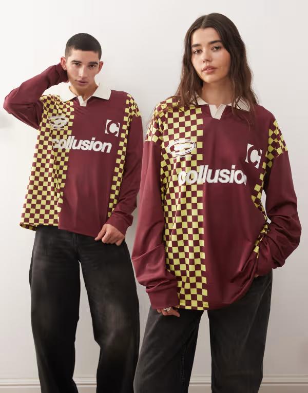 コルージョン レディース トップス Tシャツ COLLUSION Unisex long sleeve checkerboard soccer t-shirt BROWN ブラウン