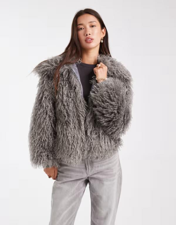 デイジーストリート レディース アウター コート リブ Daisy Street faux fur cocoon coat with ribbed cuff detailing in charcoal Charcoal gray チャコール