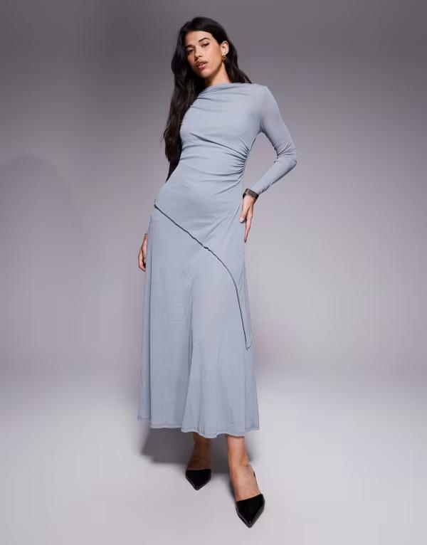 エイソス レディース トップス ワンピース マキシワンピース ドレープ マキシ ASOS DESIGN long sleeve drape detail maxi dress Gray グレー